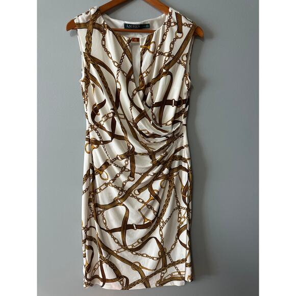 Lauren Ralph Lauren Dress 12 White Gold Chain Print Ruched Sheath Midi - Picture 1 of 6